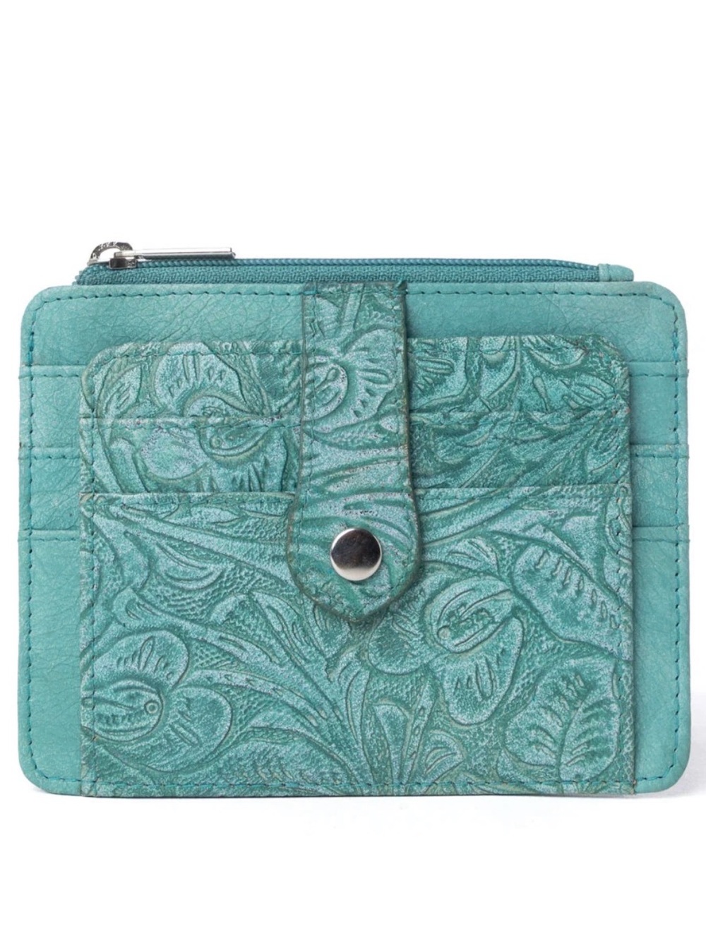 Western Turquoise Floral Embossed Leather Card Wallet